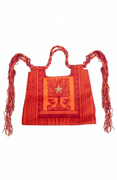 Pin Up Stars BORSA SHOPPER GRANDE CON FRANGE STAMPA BEAUTIFUL TREE