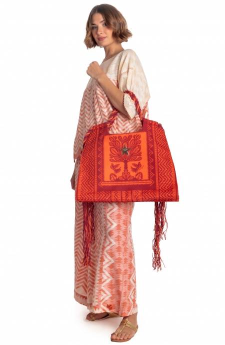 Pin Up Stars BORSA SHOPPER GRANDE CON FRANGE STAMPA BEAUTIFUL TREE