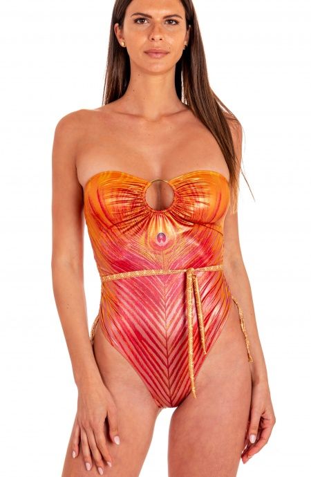 Pin Up Stars Costume Intero Con Anella Stampa Piuma Base Oro