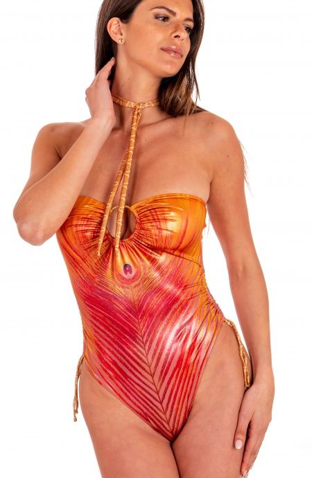 Pin Up Stars Costume Intero Con Anella Stampa Piuma Base Oro