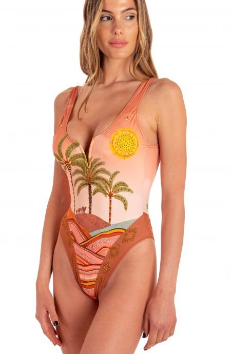 Pin Up Stars Costume Intero Imbottito Stampa Dune Con Borchie