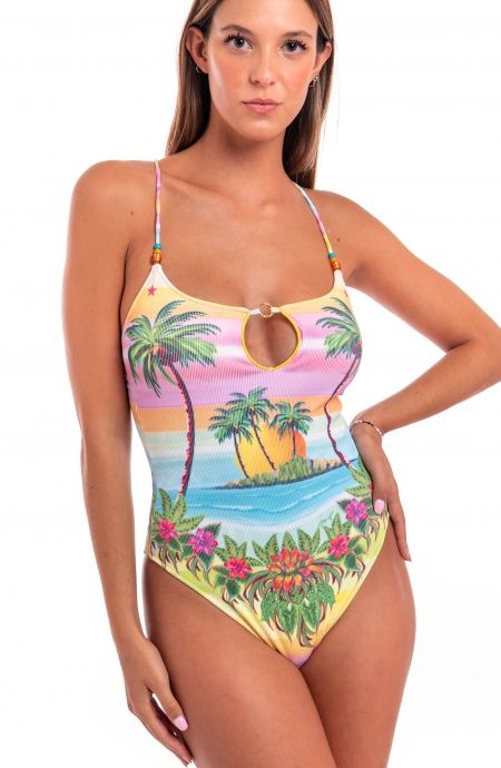 Pin Up Stars Costume Intero Tessuto Costina Stampa Hawaii