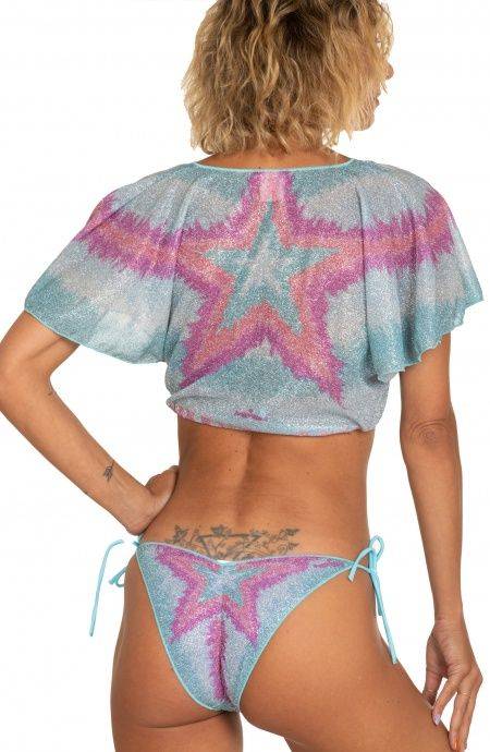 Pin Up Stars Crop Top Aperto Scollo A V Lurex Stampa Stella Sfumata