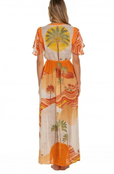 Pin Up Stars Long Dress Scollo A V In Garza Stampa Dune