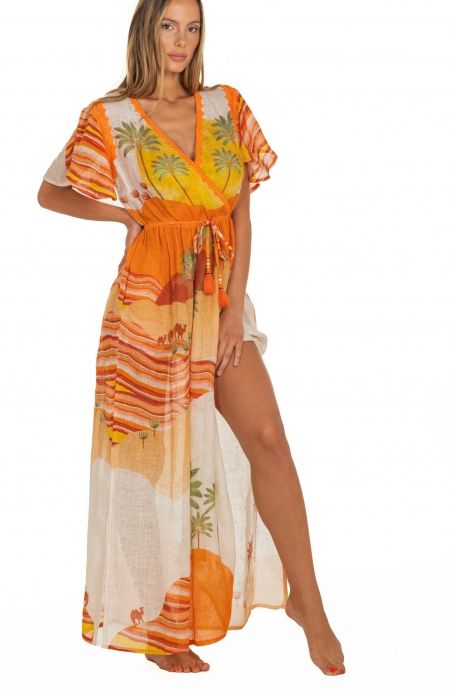 Pin Up Stars Long Dress Scollo A V In Garza Stampa Dune