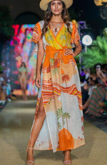 Pin Up Stars Long Dress Scollo a V In Garza Stampa Dune