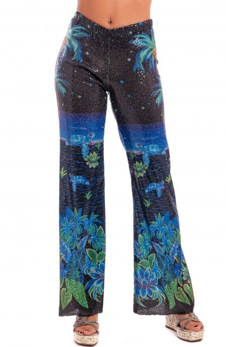 Pin Up Stars Pantalone Zampa Paillettes Stampa Hawaii