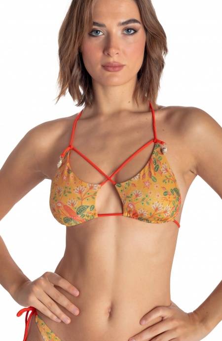 Pin Up Stars TOP BIKINI TRIANGOLO IMBOTTITO CON CONCHIGLIE STAMPA FLOWER BIRD
