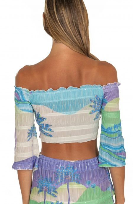 Pin Up Stars Top Goffrato Maniche Campana Stampa Dune