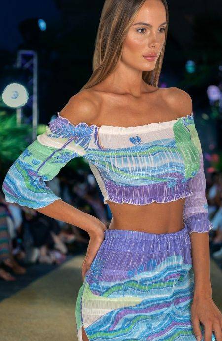 Pin Up Stars Top Goffrato Maniche Campana Stampa Dune