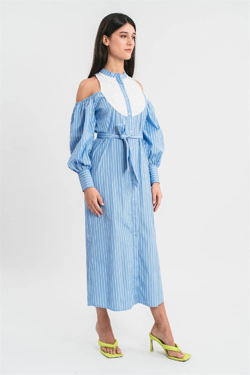 Pink Memories Abito Chemisier A Righe Con Plastron In Pizzo