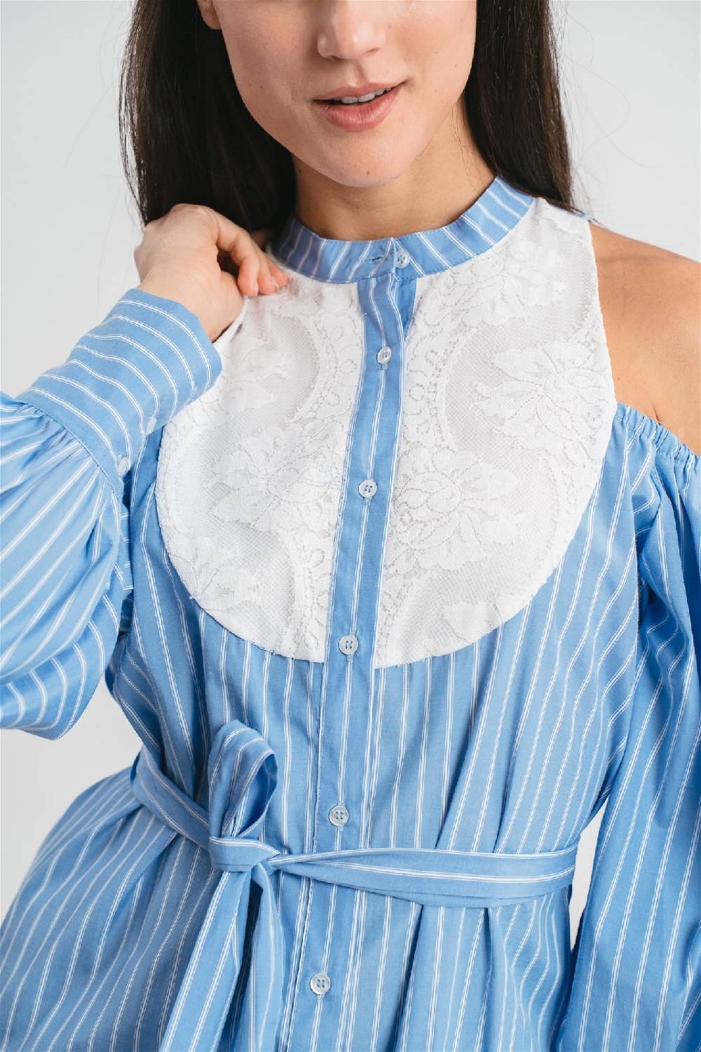 Pink Memories Abito Chemisier A Righe Con Plastron In Pizzo