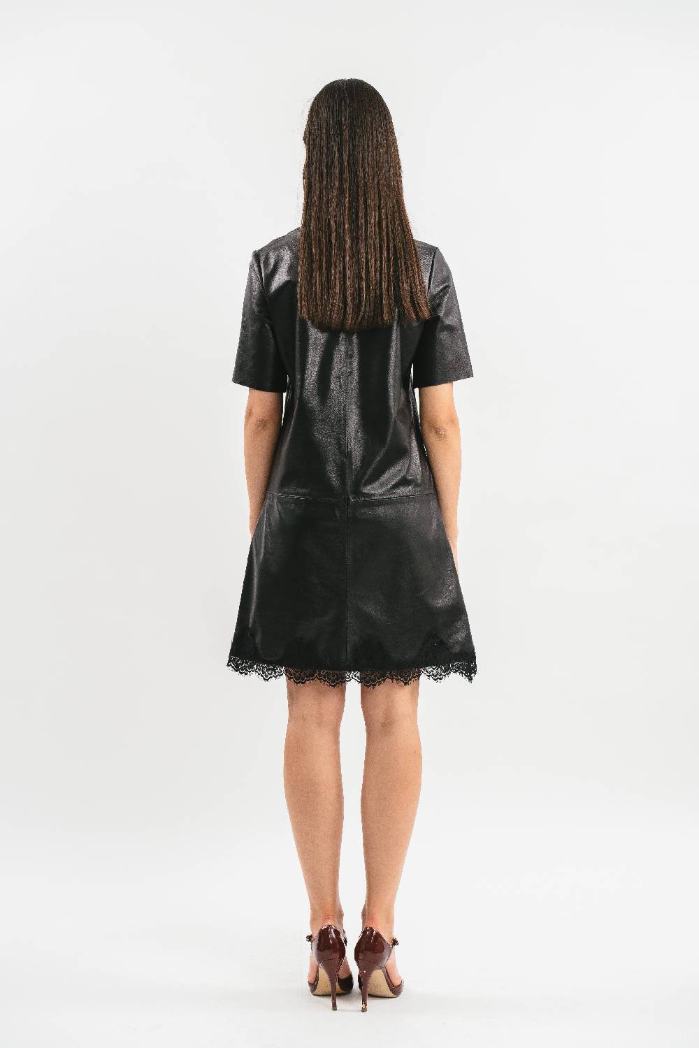 Pink Memories Abito Corto In Pelle Con Mezze Maniche E Pizzo