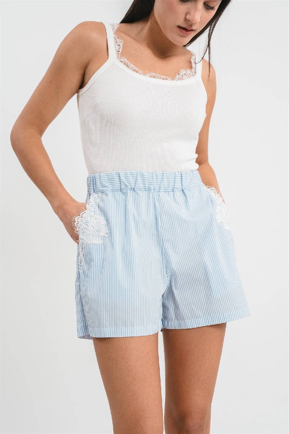 Pink Memories Bermuda A Righe Con Dettagli In Pizzo