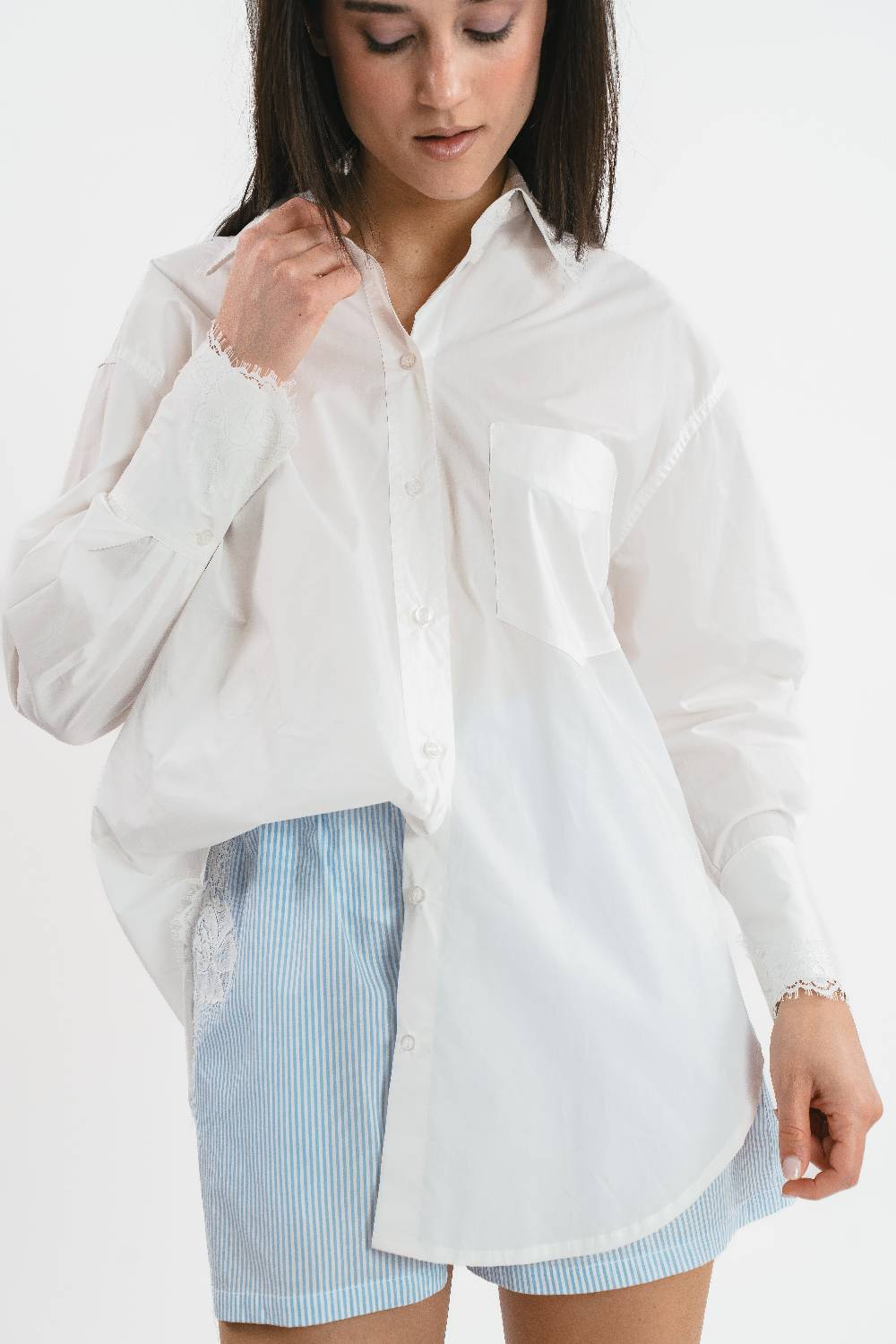 Pink Memories Camicia A Righe Con Dettagli In Pizzo