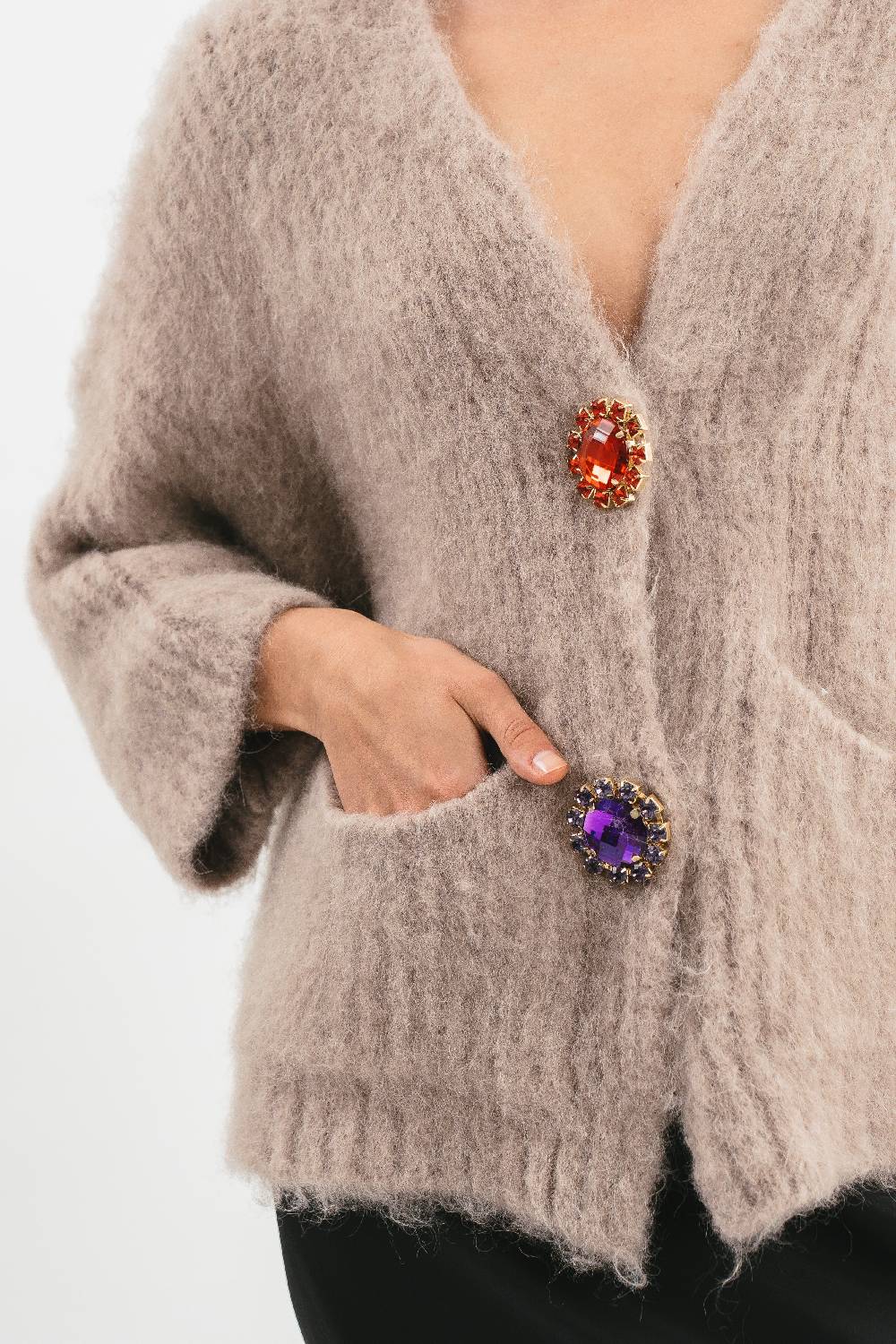 Pink Memories Cardigan Over In Alpaca Con Tasche E Spille Gioiello