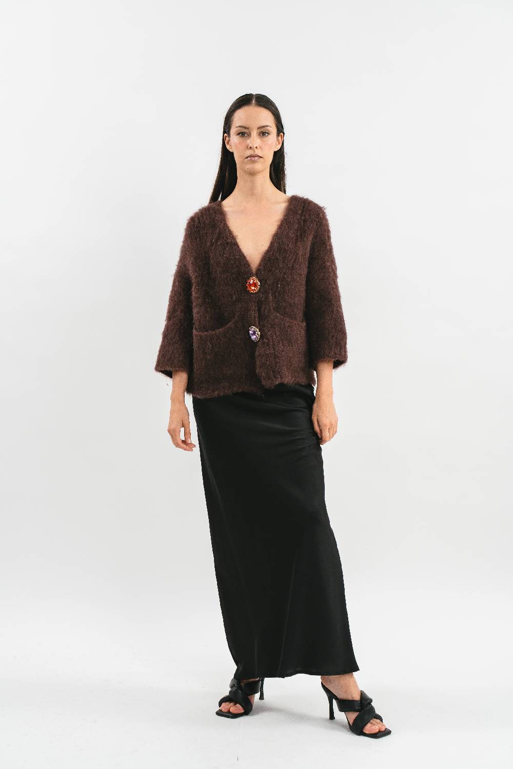 Pink Memories Cardigan Over In Alpaca Con Tasche E Spille Gioiello