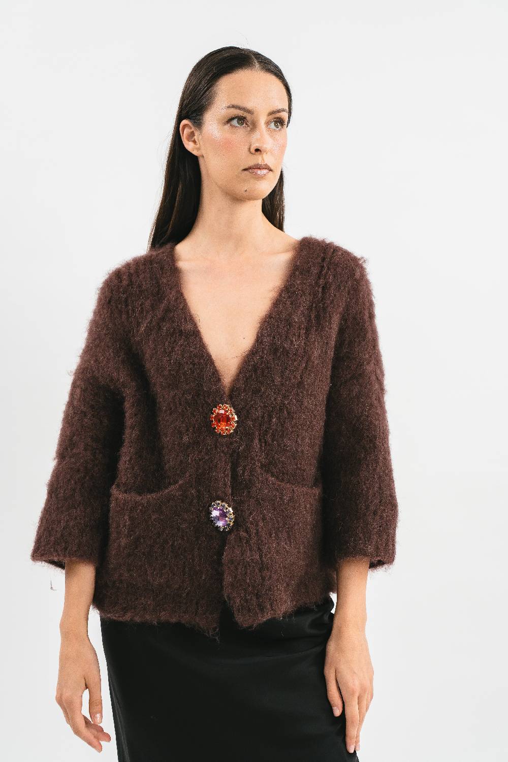 Pink Memories Cardigan Over In Alpaca Con Tasche E Spille Gioiello