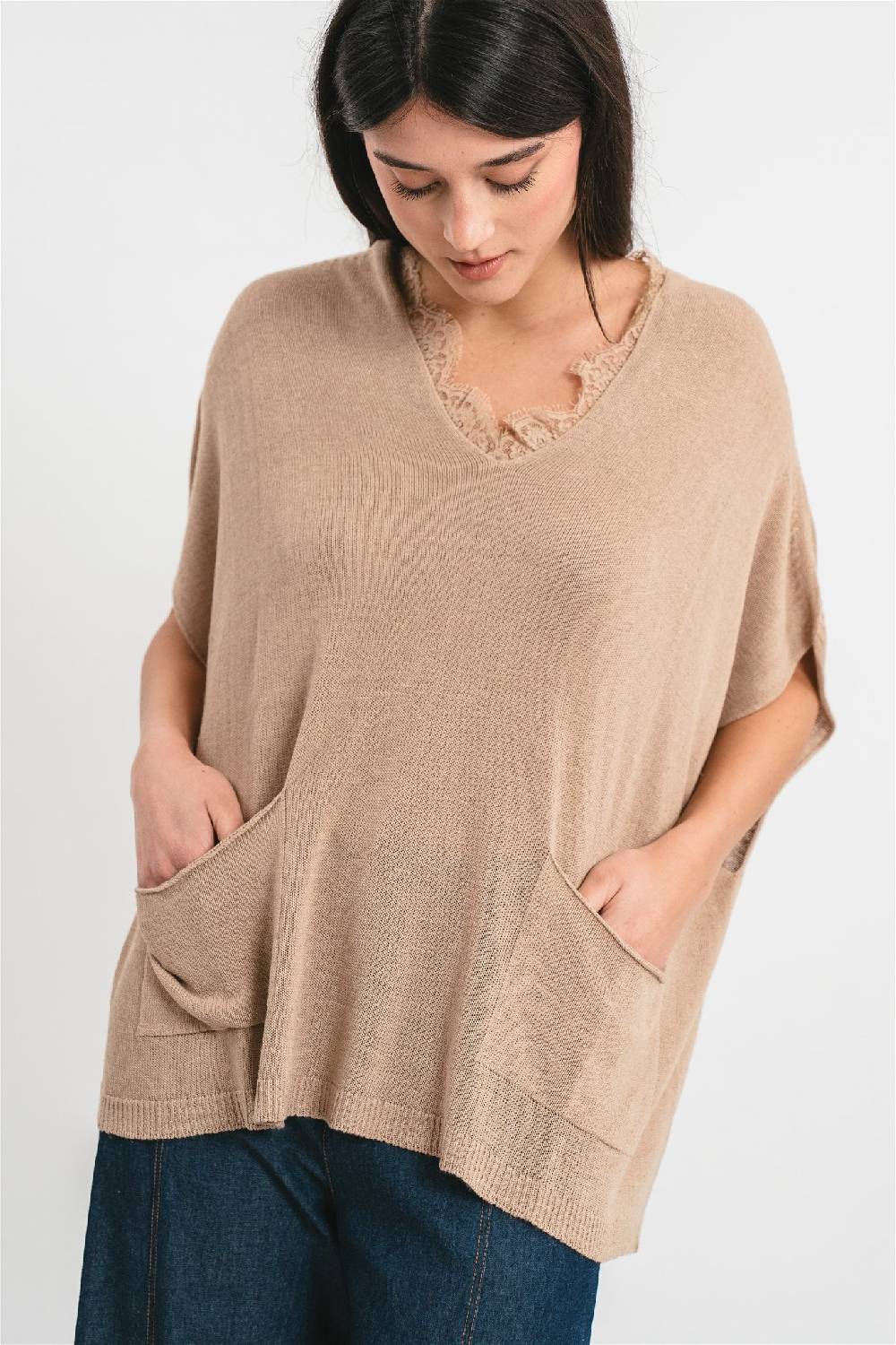 Pink Memories Maglia Kimono Con Tasche E Dettagli In Pizzo