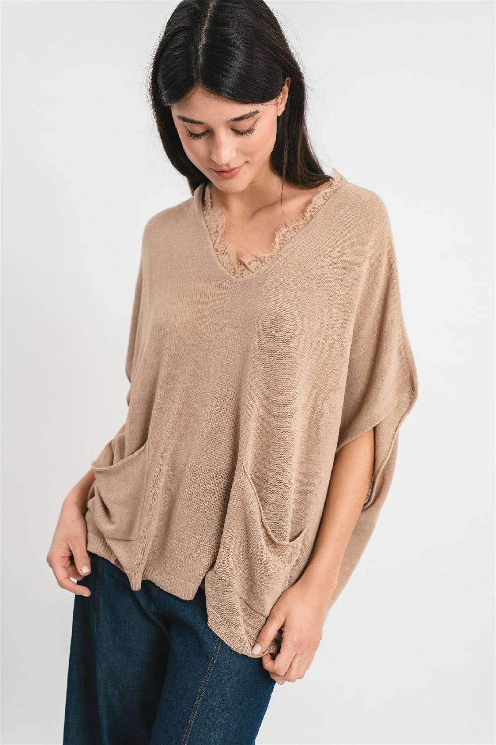 Pink Memories Maglia Kimono Con Tasche E Dettagli In Pizzo