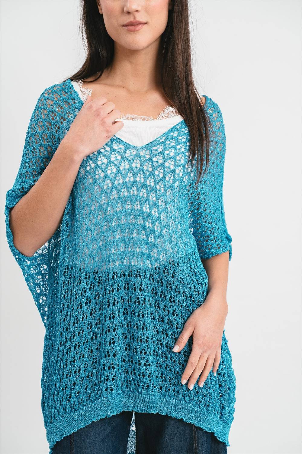 Pink Memories Maglia Kimono Traforata Con Filo Lurex