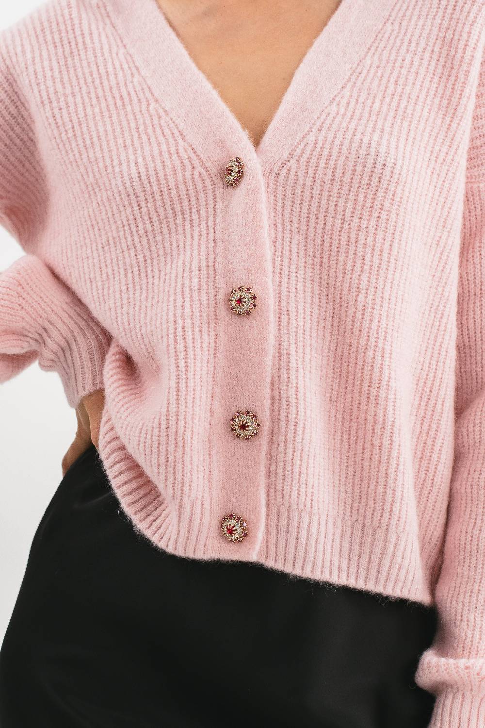 Pink Memories Cardigan Crop Con Bottoni Gioiello
