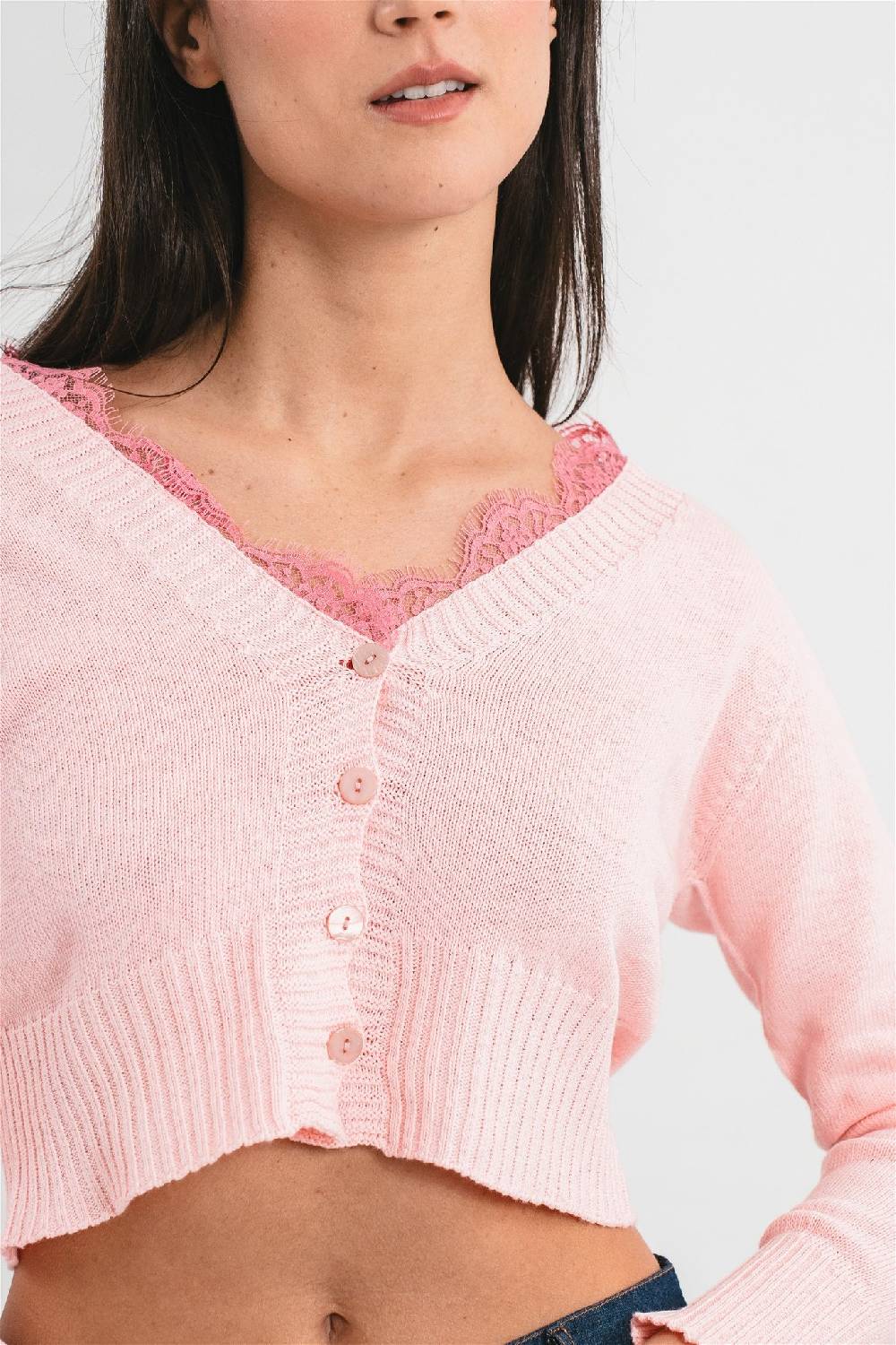 Pink Memories Cardigan Crop Con Dettagli In Pizzo