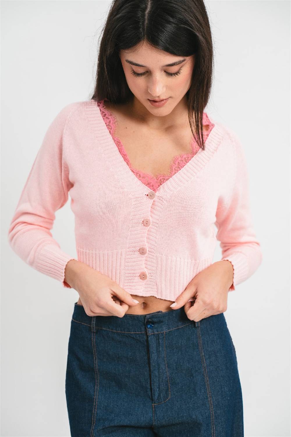 Pink Memories Cardigan Crop Con Dettagli In Pizzo