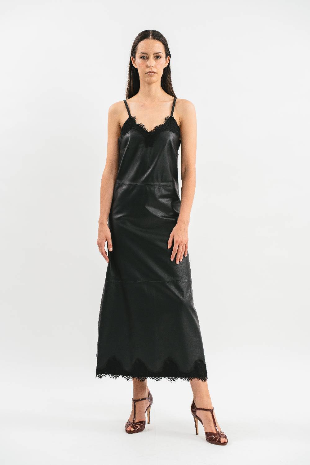 Pink Memories Slip dress in pelle con pizzo