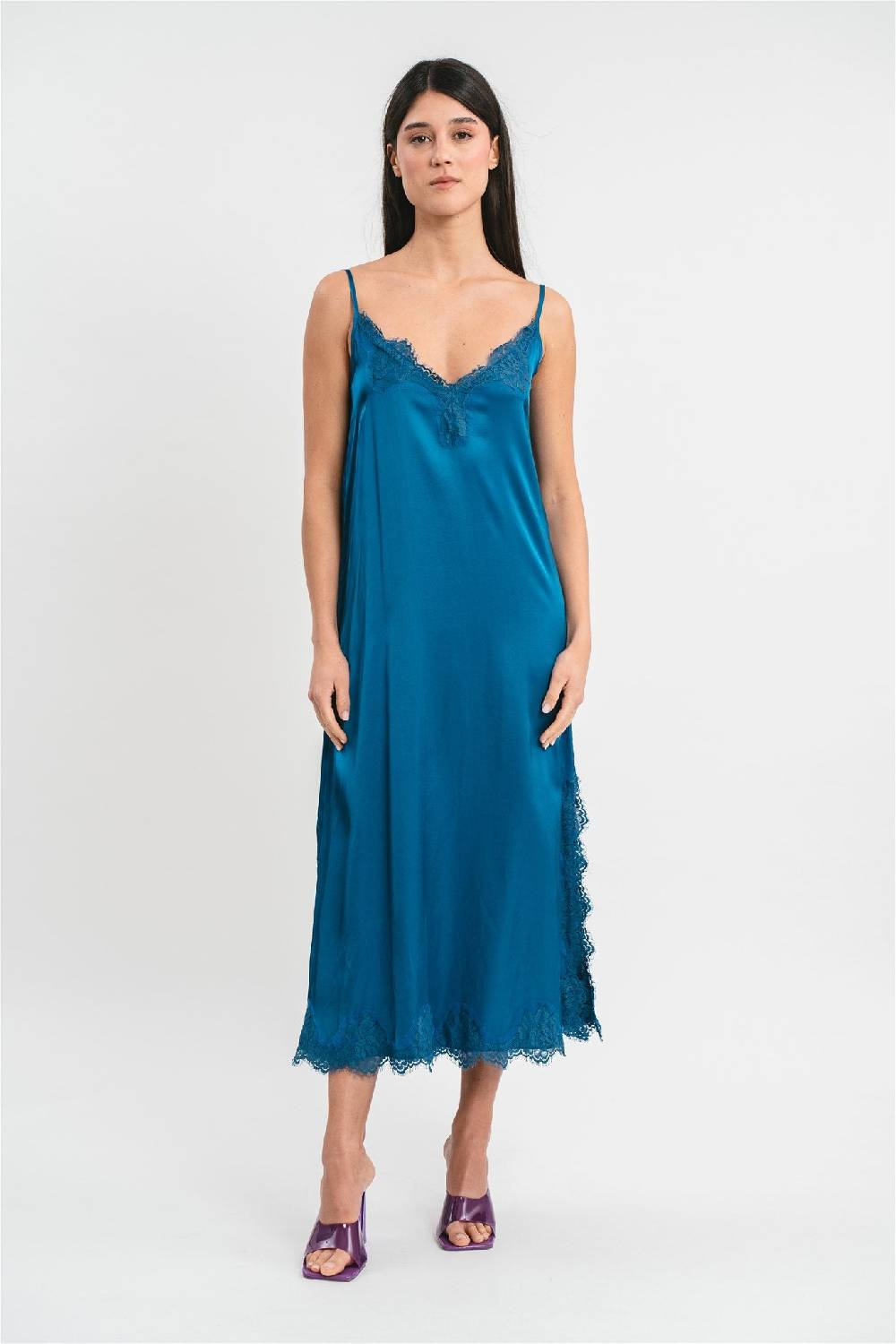 Pink Memories Slip Dress Con Spacco Laterale E Pizzo