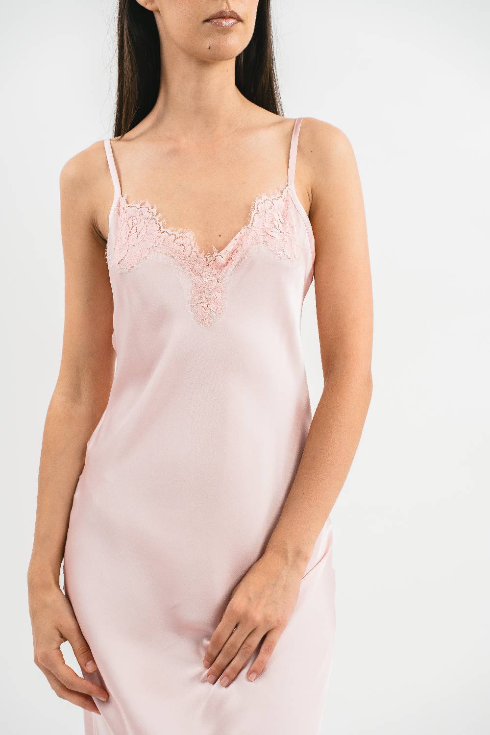 Pink Memories Slip Dress Lungo Con Dettagli In Pizzo