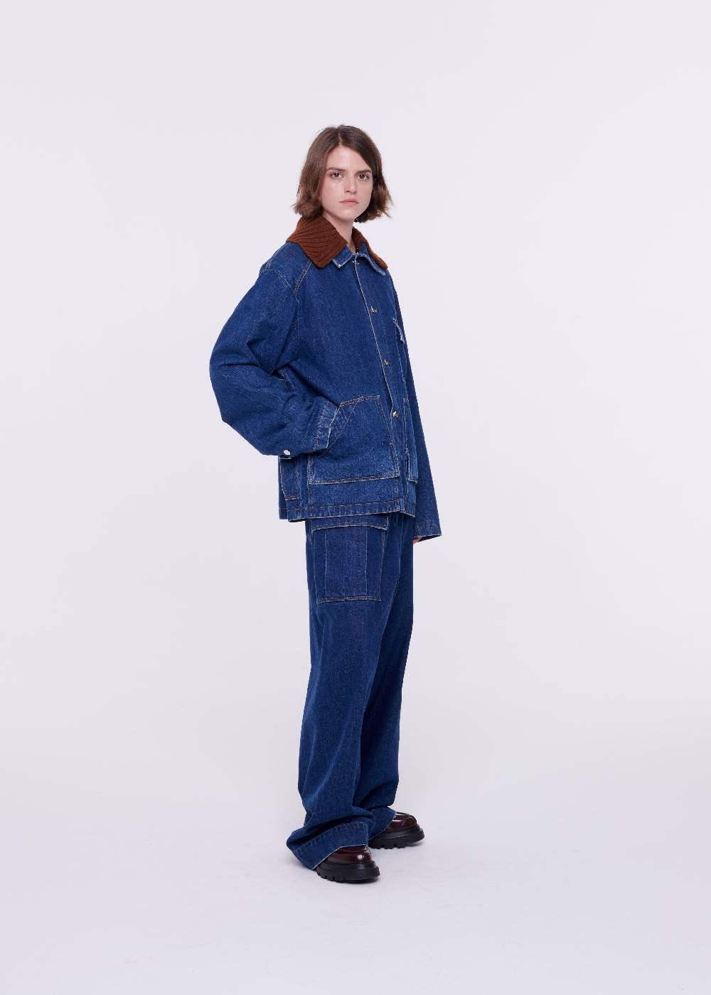 Plan C GIACCA IN DENIM CON COLLETTO IN MAGLIA REMOVIBILE