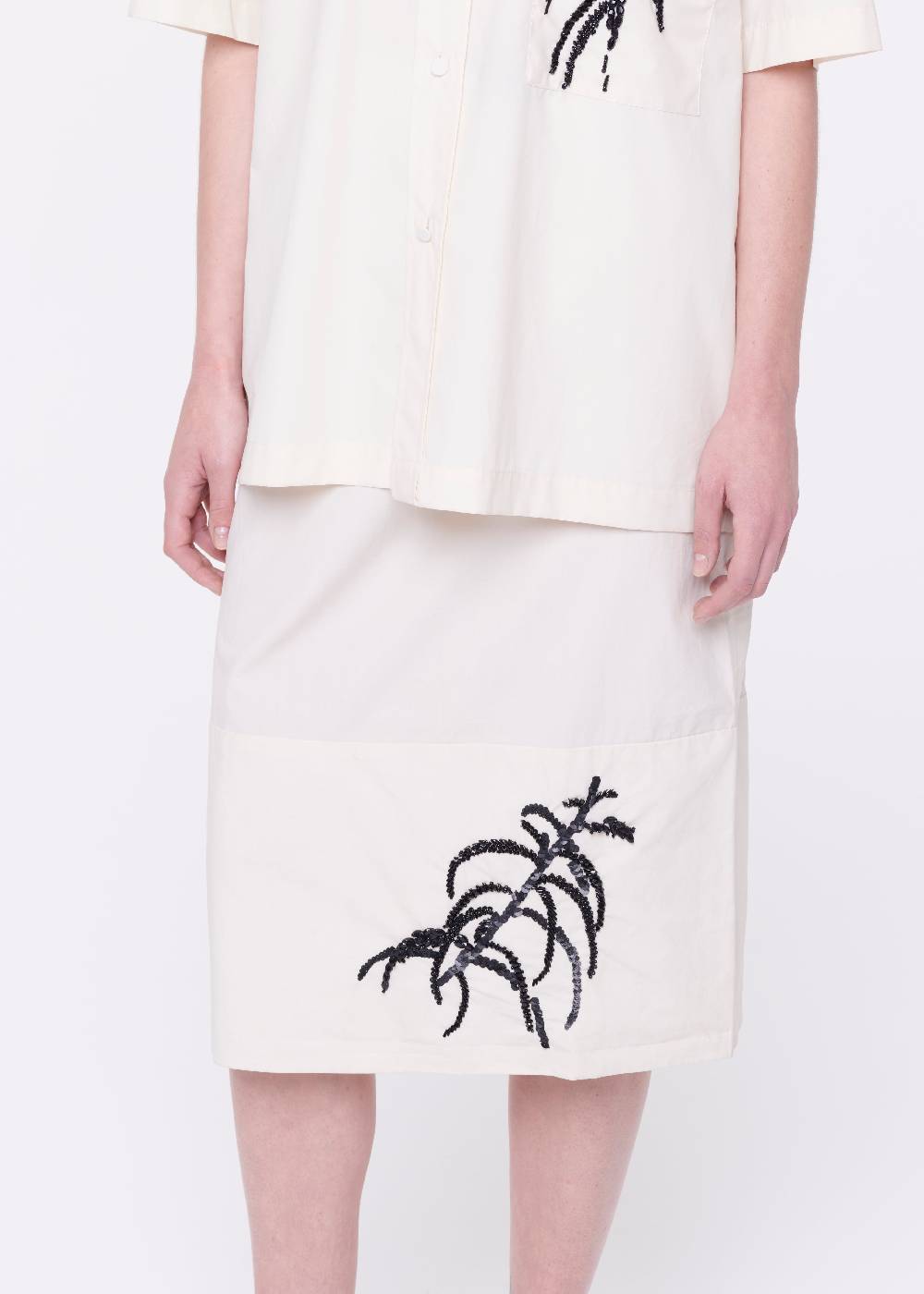 Plan C GONNA MIDI IN COTONE TECNICO CON RICAMO IN PAILLETTES