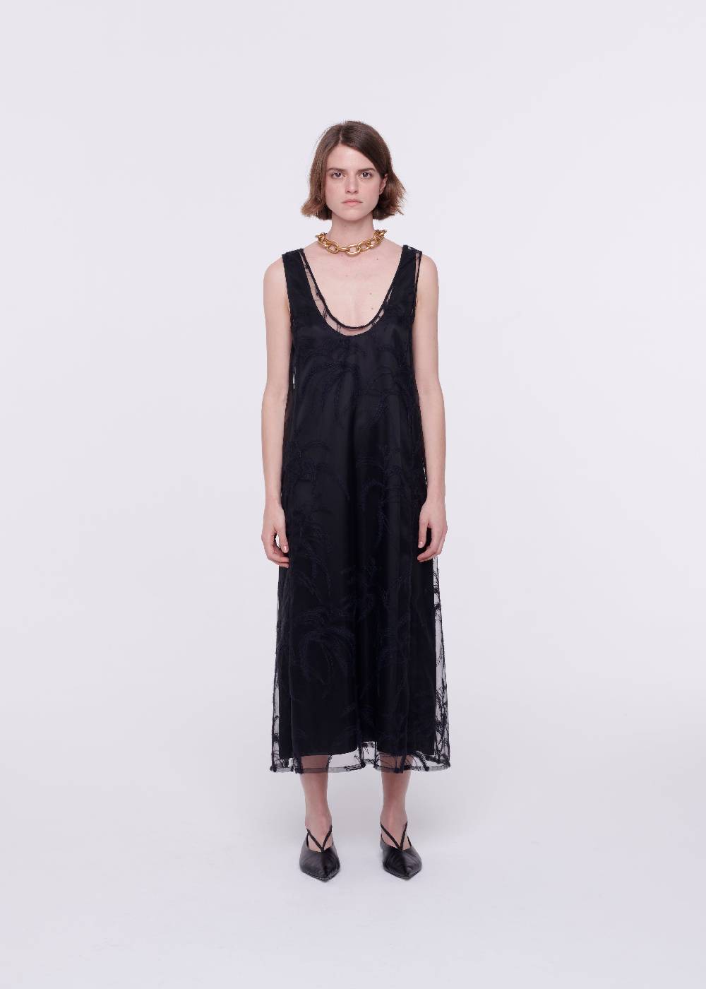 Plan C ABITO MIDI NERO IN TULLE RICAMATO