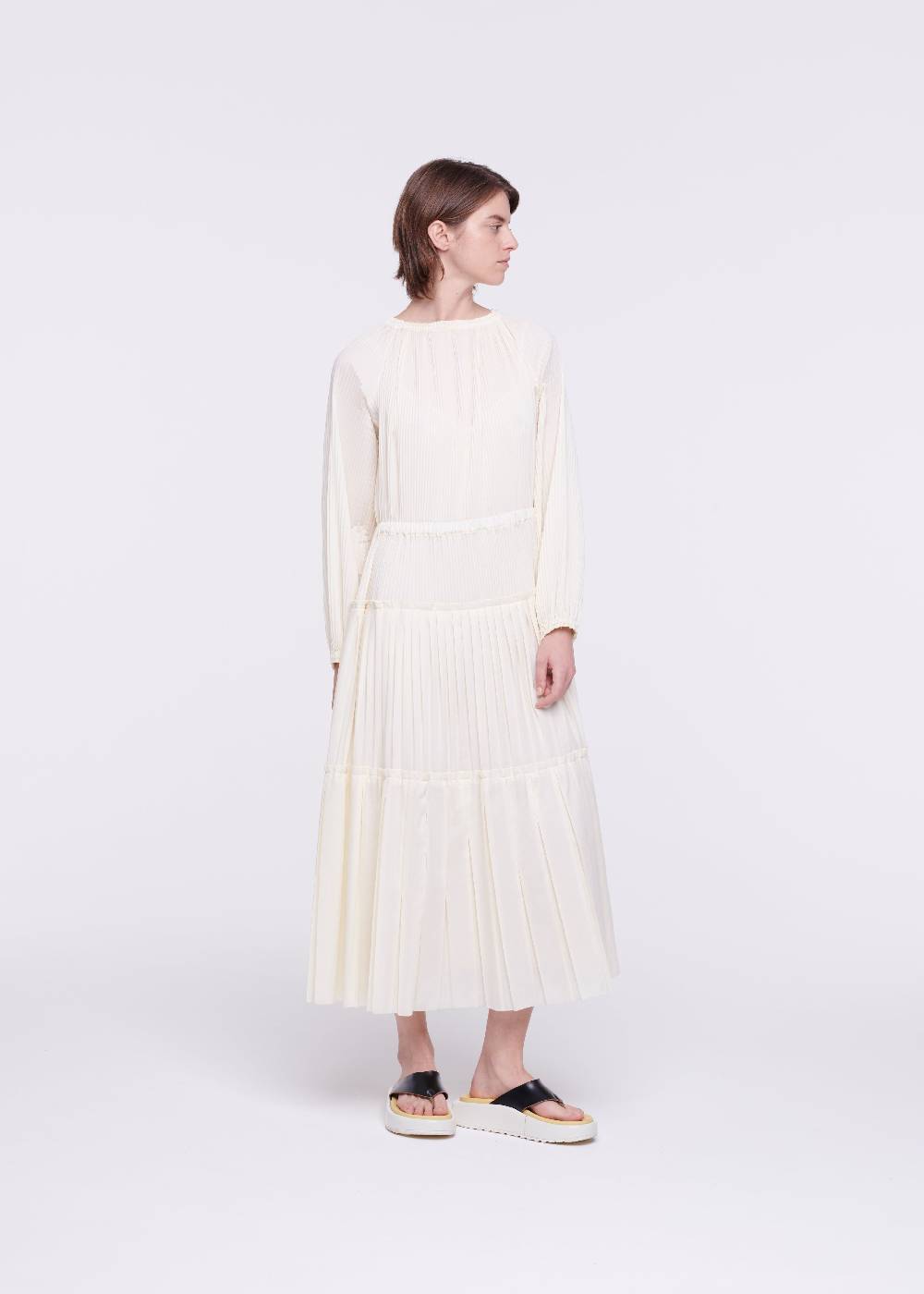 Plan C ABITO MIDI PLISSETTATO COLOR BURRO