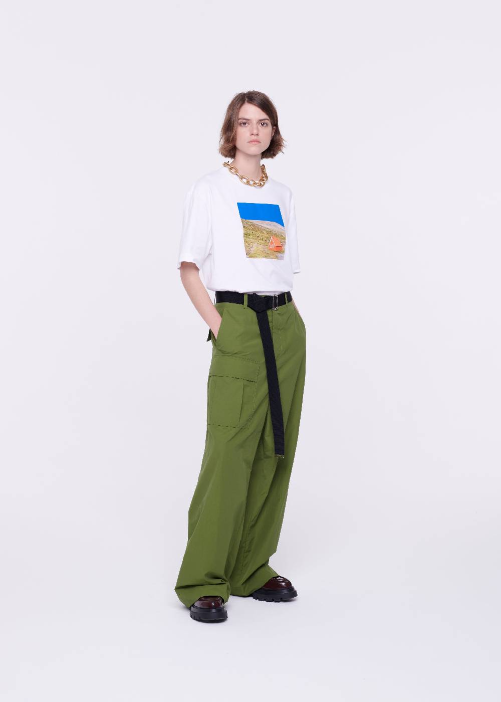 Plan C PANTALONI CARGO VERDE MILITARE CON CINTURA