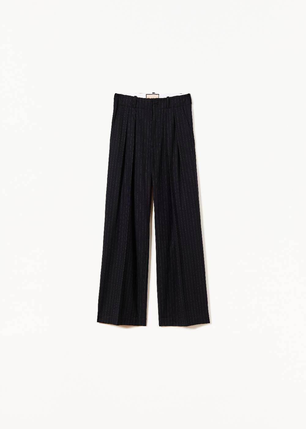 Plan C PANTALONI GESSATI A GAMBA AMPIA IN LANA