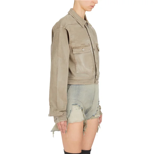 RICK OWENS DRKSHDW GIACCA IN DENIM CAPE SLEEVE CROPPED OUTERSHIRT