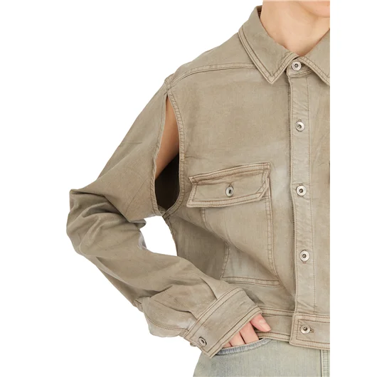 RICK OWENS DRKSHDW GIACCA IN DENIM CAPE SLEEVE CROPPED OUTERSHIRT