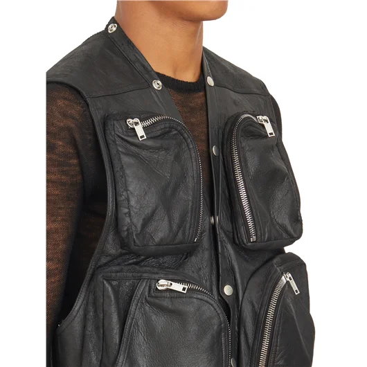 RICK OWENS GILET IN PELLE CARGO VEST BLACK