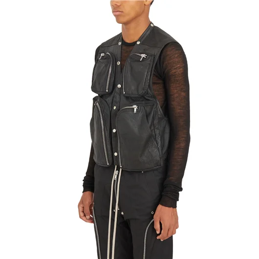 RICK OWENS GILET IN PELLE CARGO VEST BLACK