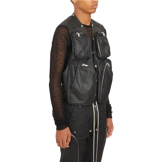 RICK OWENS GILET IN PELLE CARGO VEST BLACK