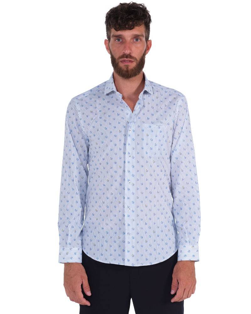 Poggianti Camicia Fantasia Collo Morbido Azzurro/Bianco
