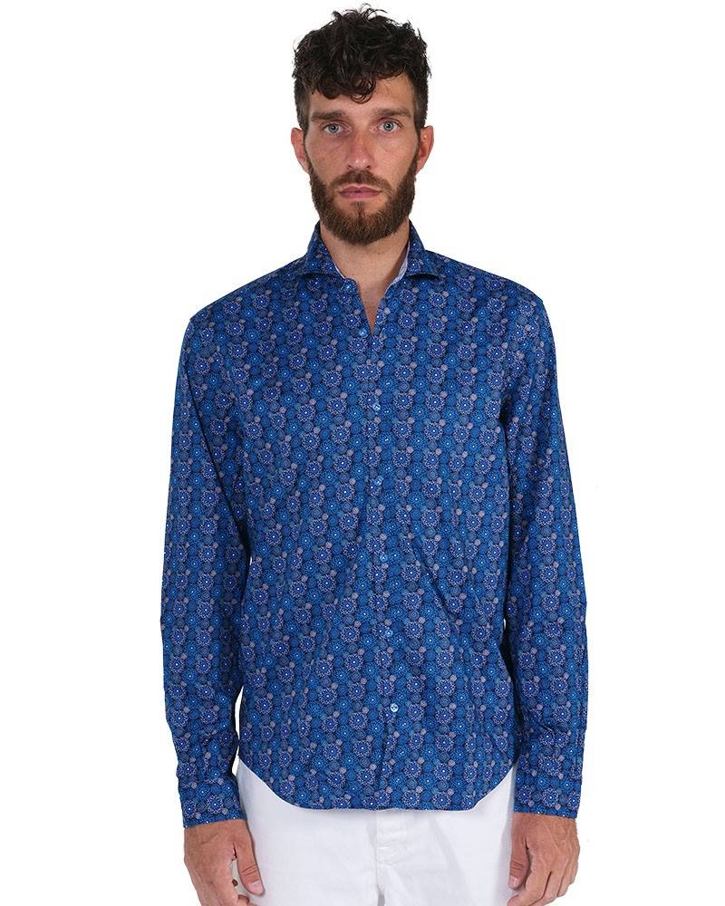 Poggianti Camicia Fantasia Collo Morbido Azzurro/Bianco
