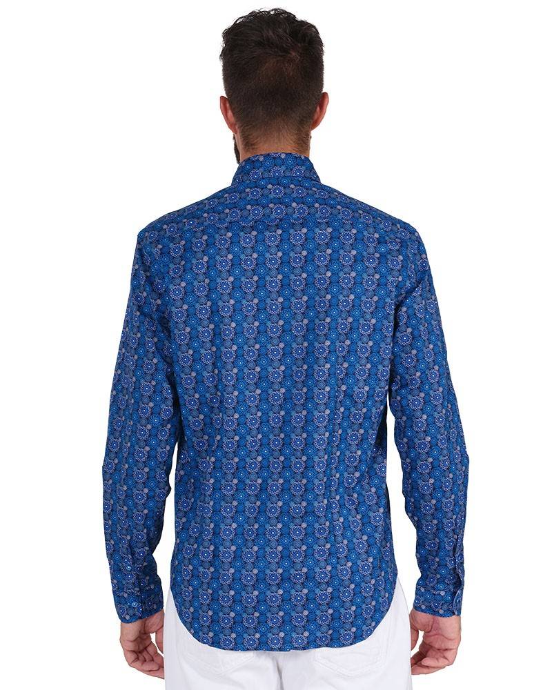 Poggianti Camicia Fantasia Collo Morbido Azzurro/Bianco