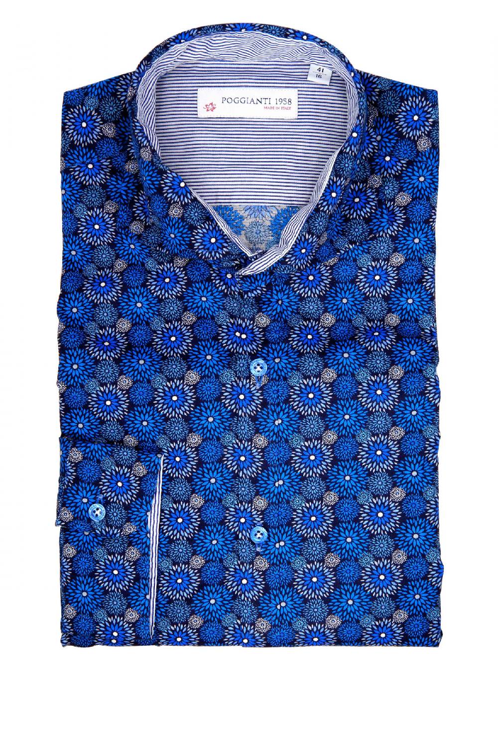 Poggianti Camicia Fantasia Collo Morbido Azzurro/Bianco