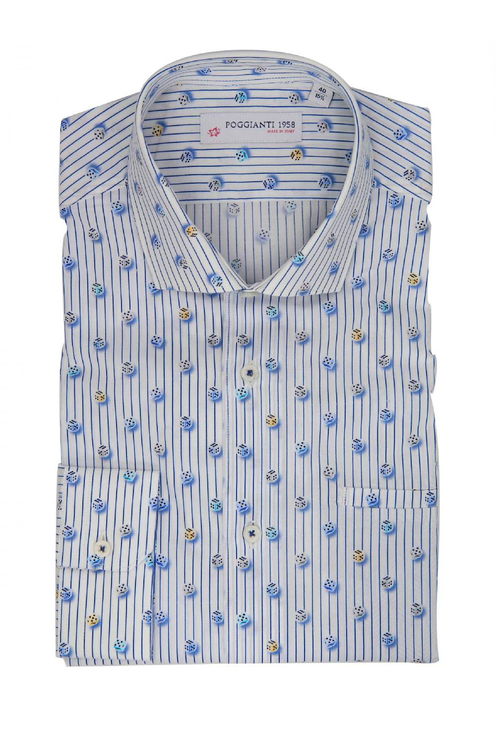 Poggianti Camicia Fantasia Collo Morbido Azzurro/Bianco