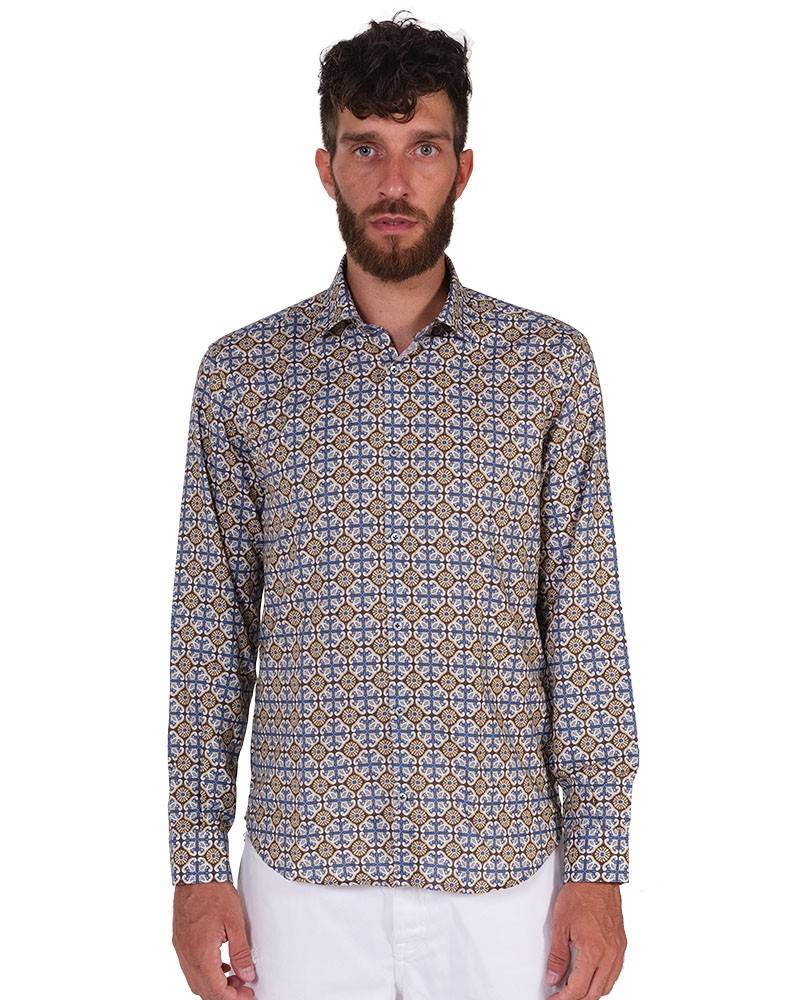 Poggianti Camicia Fantasia Collo Morbido Azzurro/Marrone