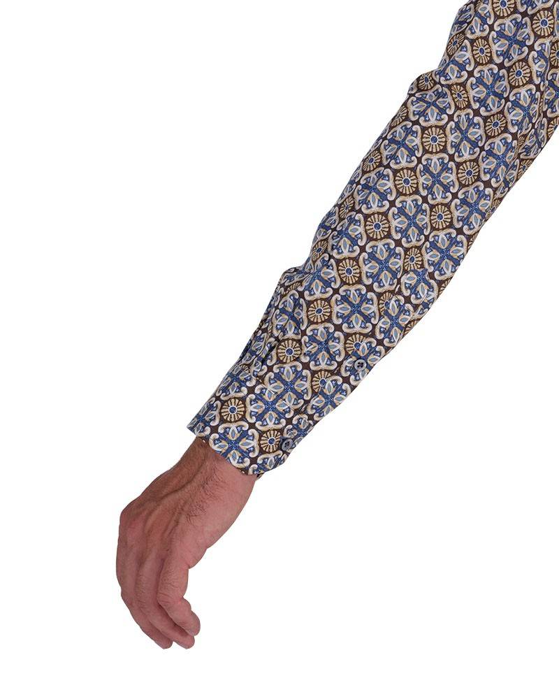 Poggianti Camicia Fantasia Collo Morbido Azzurro/Marrone