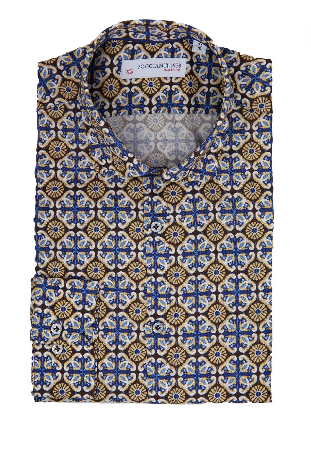 Poggianti Camicia Fantasia Collo Morbido Azzurro/Marrone